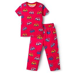 Babyhug Cotton Knit Half Sleeves Car Printed Co-Ord T-Shirt & Pyjama Night Suit - Red