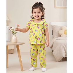 Babyhug Cotton Knit Half Sleeves Co-ords Front Open Top & Pajama Night Suit with Floral Print & Bow Applique - Yellow