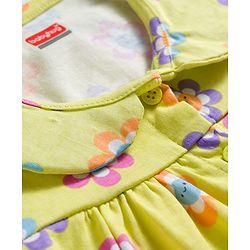 Babyhug Cotton Knit Half Sleeves Co-ords Front Open Top & Pajama Night Suit with Floral Print & Bow Applique - Yellow