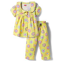 Babyhug Cotton Knit Half Sleeves Co-ords Front Open Top & Pajama Night Suit with Floral Print & Bow Applique - Yellow