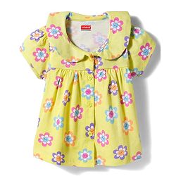 Babyhug Cotton Knit Half Sleeves Co-ords Front Open Top & Pajama Night Suit with Floral Print & Bow Applique - Yellow