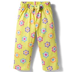 Babyhug Cotton Knit Half Sleeves Co-ords Front Open Top & Pajama Night Suit with Floral Print & Bow Applique - Yellow