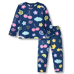 Babyhug Cotton Knit Full Sleeves Co-ords T-Shirt & Pajama Night Suit with Tropical Theme Print - Navy Blue