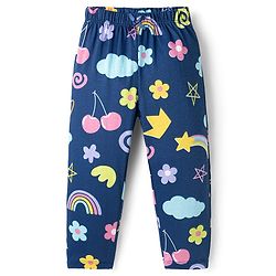 Babyhug Cotton Knit Full Sleeves Co-ords T-Shirt & Pajama Night Suit with Tropical Theme Print - Navy Blue