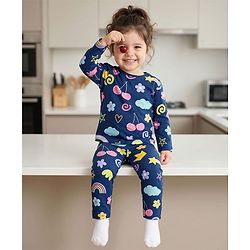 Babyhug Cotton Knit Full Sleeves Co-ords T-Shirt & Pajama Night Suit with Tropical Theme Print - Navy Blue