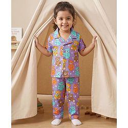 Babyhug 100% Cotton Knit Half Sleeves Shirt & Pyjama Co-ord Night Suit With Teddy Bear Print - Lavender