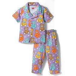 Babyhug 100% Cotton Knit Half Sleeves Shirt & Pyjama Co-ord Night Suit With Teddy Bear Print - Lavender