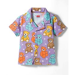 Babyhug 100% Cotton Knit Half Sleeves Shirt & Pyjama Co-ord Night Suit With Teddy Bear Print - Lavender