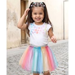 Babyhug Single Jersey Knit Half Sleeves Top & Skirt Set With Floral Applique - White