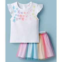 Babyhug Single Jersey Knit Half Sleeves Top & Skirt Set With Floral Applique - White