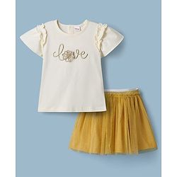 Babyhug Single Jersey Knit Half Sleeves Top & Skirt Set With Love Embroidery - White
