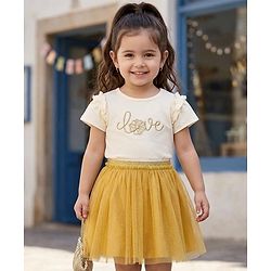 Babyhug Single Jersey Knit Half Sleeves Top & Skirt Set With Love Embroidery - White