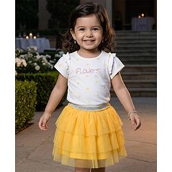 Babyhug Single Jersey Knit Half Sleeves Top & Skirts Set with Flora Print & Embroidery - Yellow & White