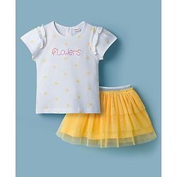 Babyhug Single Jersey Knit Half Sleeves Top & Skirts Set with Flora Print & Embroidery - Yellow & White