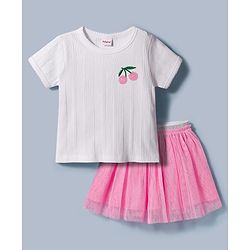 Babyhug Single Jersey Knit Half Sleeves Top & Skirt Set With Cherry Embroidery - White & Pink