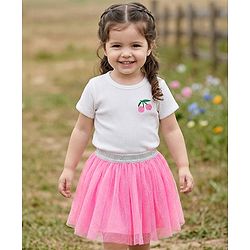 Babyhug Single Jersey Knit Half Sleeves Top & Skirt Set With Cherry Embroidery - White & Pink
