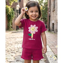 Babyhug Single Jersey Knit Half Sleeves Top & Shorts Set With Floral Embroidery - Purple