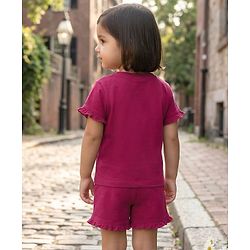 Babyhug Single Jersey Knit Half Sleeves Top & Shorts Set With Floral Embroidery - Purple