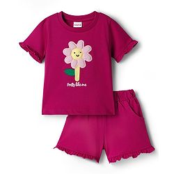 Babyhug Single Jersey Knit Half Sleeves Top & Shorts Set With Floral Embroidery - Purple