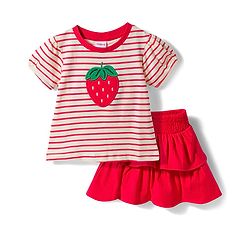 Babyhug Single Jersey Knit Half Sleeves Striped Top & Skirt Set Strawberry Embroidery - Red