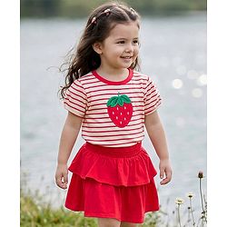 Babyhug Single Jersey Knit Half Sleeves Striped Top & Skirt Set Strawberry Embroidery - Red