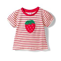 Babyhug Single Jersey Knit Half Sleeves Striped Top & Skirt Set Strawberry Embroidery - Red