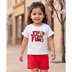 Babyhug Single Jersey Knit Half Sleeves Top & Shorts Set With Teddy Bear Print - White & Red