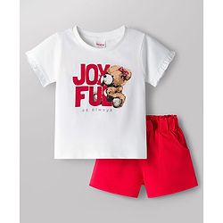 Babyhug Single Jersey Knit Half Sleeves Top & Shorts Set With Teddy Bear Print - White & Red