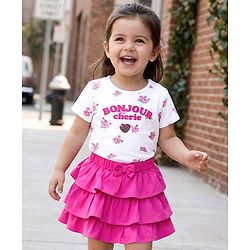 Babyhug Single Jersey Knit Half Sleeves Floral Printed Top & Layered Skirt Set - Pink & White