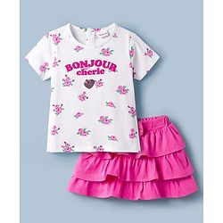 Babyhug Single Jersey Knit Half Sleeves Floral Printed Top & Layered Skirt Set - Pink & White