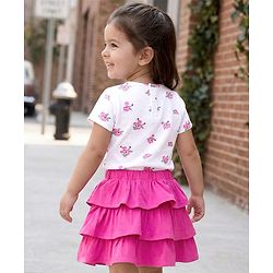 Babyhug Single Jersey Knit Half Sleeves Floral Printed Top & Layered Skirt Set - Pink & White