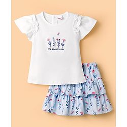Babyhug Single Jersey Knit Half Sleeves Floral Embroidered Top & Layered Printed Skirt Set- White & Blue
