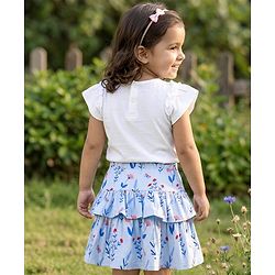 Babyhug Single Jersey Knit Half Sleeves Floral Embroidered Top & Layered Printed Skirt Set- White & Blue