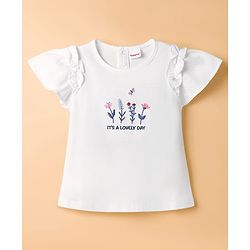 Babyhug Single Jersey Knit Half Sleeves Floral Embroidered Top & Layered Printed Skirt Set- White & Blue
