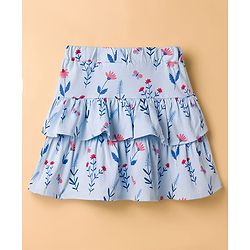 Babyhug Single Jersey Knit Half Sleeves Floral Embroidered Top & Layered Printed Skirt Set- White & Blue