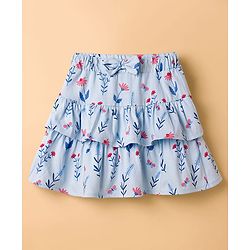 Babyhug Single Jersey Knit Half Sleeves Floral Embroidered Top & Layered Printed Skirt Set- White & Blue