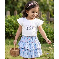 Babyhug Single Jersey Knit Half Sleeves Floral Embroidered Top & Layered Printed Skirt Set- White & Blue