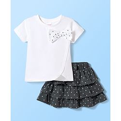 Babyhug Single Jersey Knit Half Sleeves Polka Dot Printed Top & Skirt Set with Bow Applique - White & Black