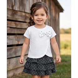 Babyhug Single Jersey Knit Half Sleeves Polka Dot Printed Top & Skirt Set with Bow Applique - White & Black