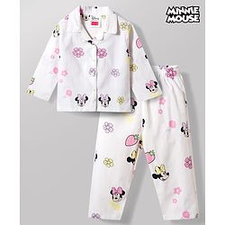 Babyhug Disney 100% Cotton Woven Full Sleeves Front Open Co-Ords Shirt & Pyjama Night Suit With Minnie Mouse Print - White