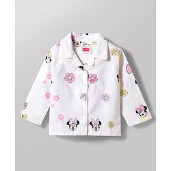 Babyhug Disney 100% Cotton Woven Full Sleeves Front Open Co-Ords Shirt & Pyjama Night Suit With Minnie Mouse Print - White