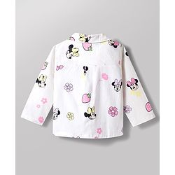 Babyhug Disney 100% Cotton Woven Full Sleeves Front Open Co-Ords Shirt & Pyjama Night Suit With Minnie Mouse Print - White