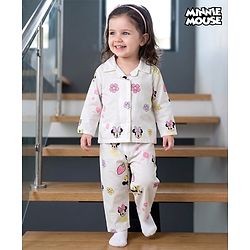 Babyhug Disney 100% Cotton Woven Full Sleeves Front Open Co-Ords Shirt & Pyjama Night Suit With Minnie Mouse Print - White
