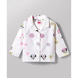 Babyhug Disney 100% Cotton Woven Full Sleeves Front Open Co-Ords Shirt & Pyjama Night Suit With Minnie Mouse Print - White