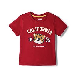 Babyhug 100% Cotton Knit Half Sleeves Tiger & Text Printed T-Shirt - Red