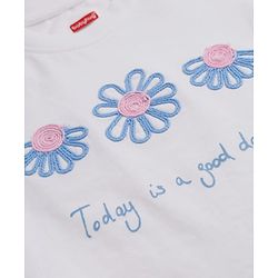 Babyhug Single Jersey Knit Half Sleeves Top & Denim Jeans Set with Floral Embroidery - White & Blue
