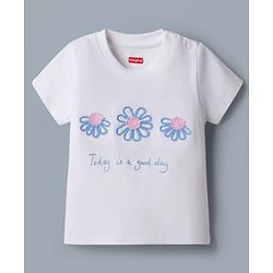 Babyhug Single Jersey Knit Half Sleeves Top & Denim Jeans Set with Floral Embroidery - White & Blue