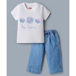 Babyhug Single Jersey Knit Half Sleeves Top & Denim Jeans Set with Floral Embroidery - White & Blue