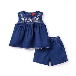 Babyhug Denim Sleeveless Floral Embroidered Top & Shorts Set - Navy Blue