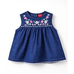 Babyhug Denim Sleeveless Floral Embroidered Top & Shorts Set - Navy Blue